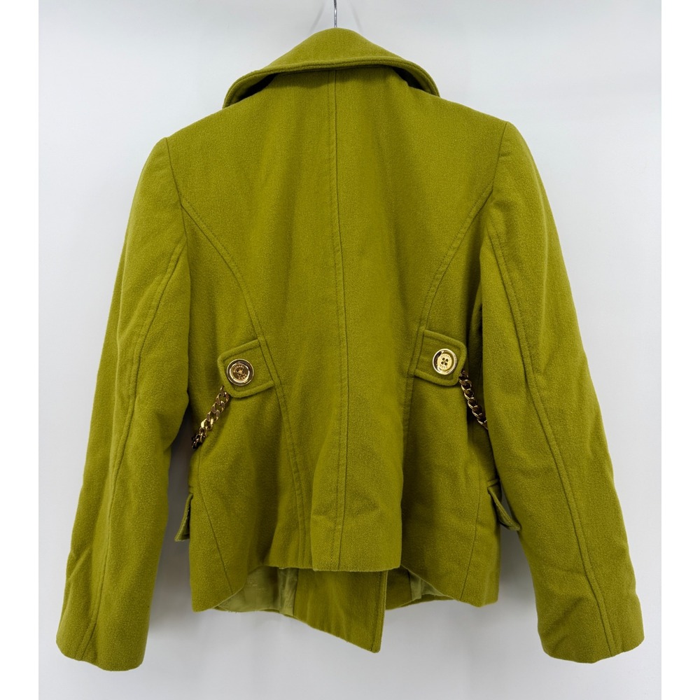 Michael Kors Womens Chartreuse Green Wool Pea Coat Gold Chain Detail P/S - Picture 2 of 3